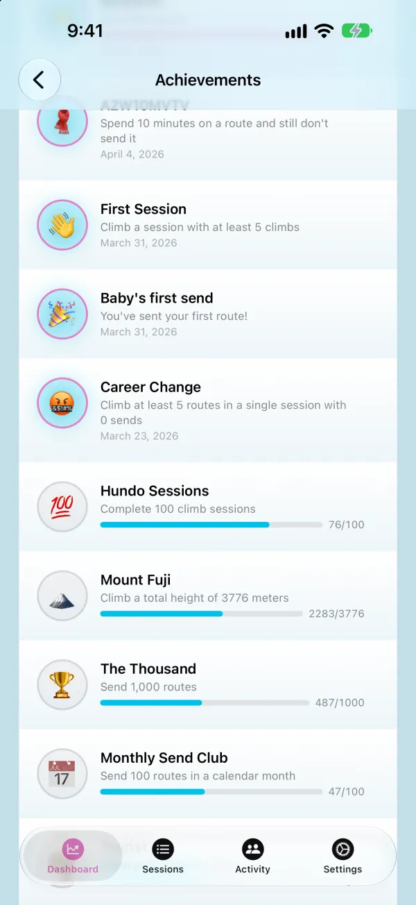 Achievements list with progress toward climbing milestones