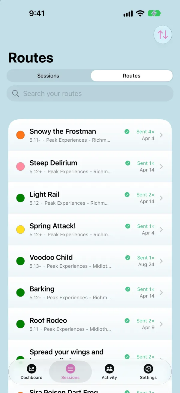Routes logbook listing gym routes with send counts