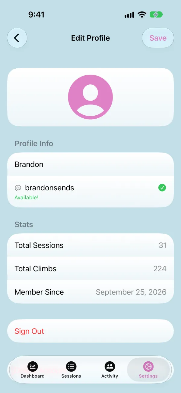 Edit Profile screen with photo, display name, username, and stats