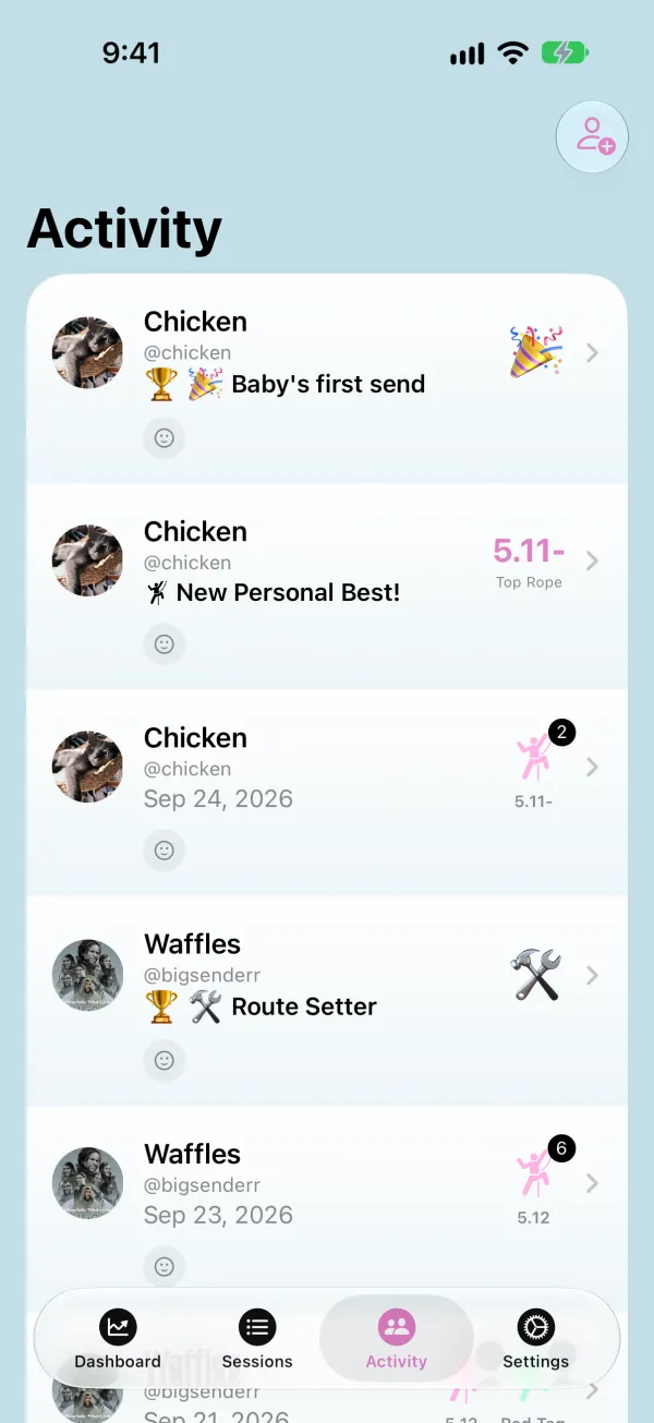 Activity feed showing friends' climbing activity