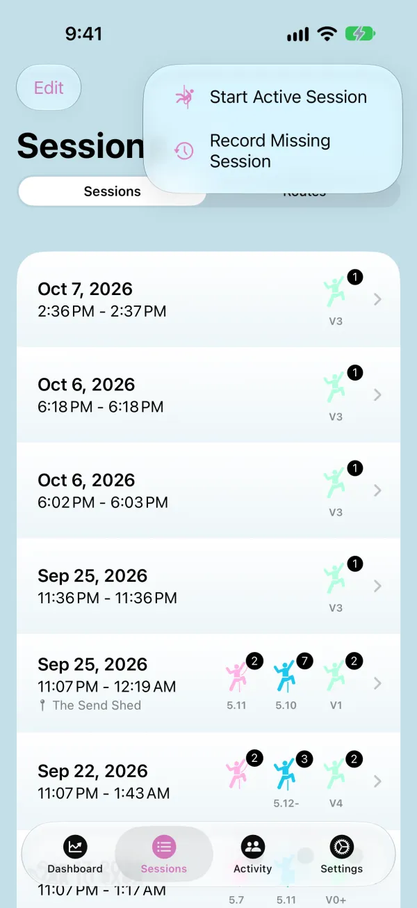 Sessions tab with the new session menu open