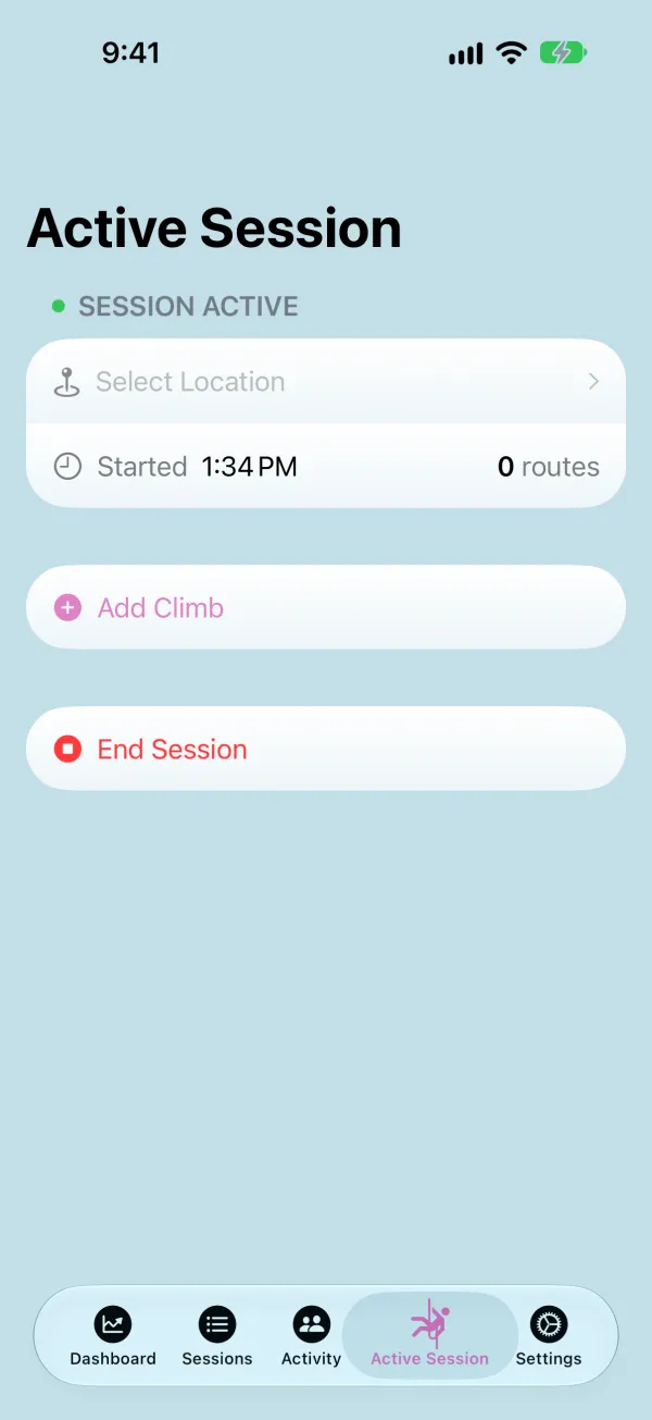 Active Session screen with Add Climb and End Session buttons