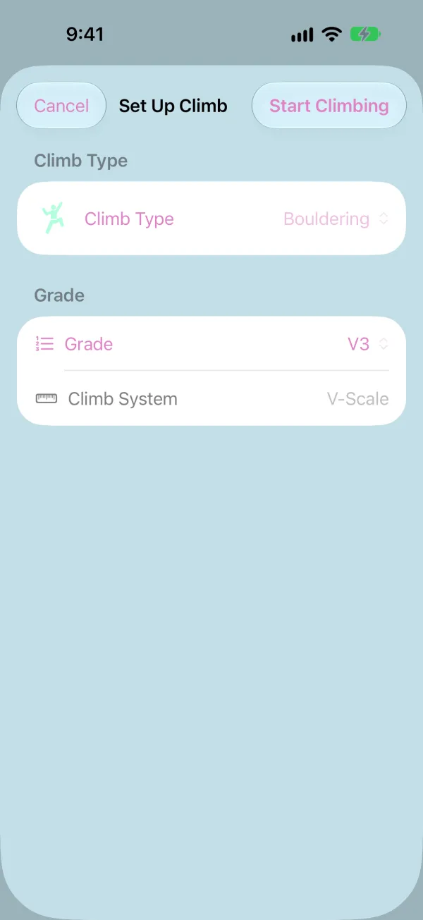 Set Up Climb sheet with climb type and grade selected