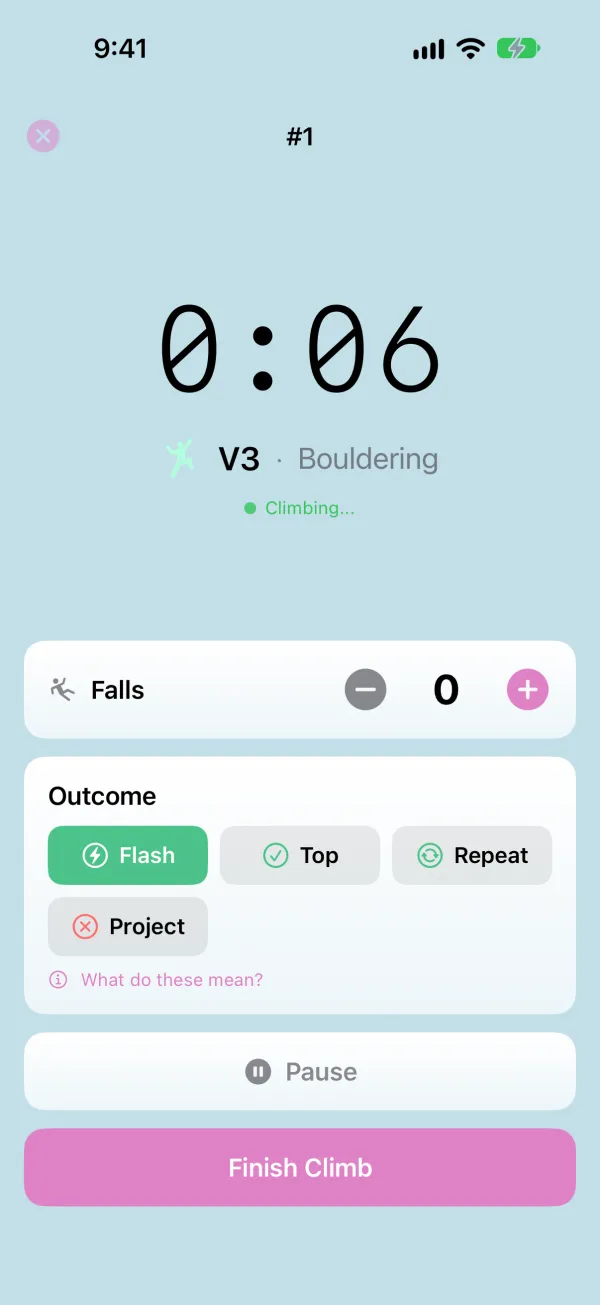 Climb timer with falls counter and the outcome picker