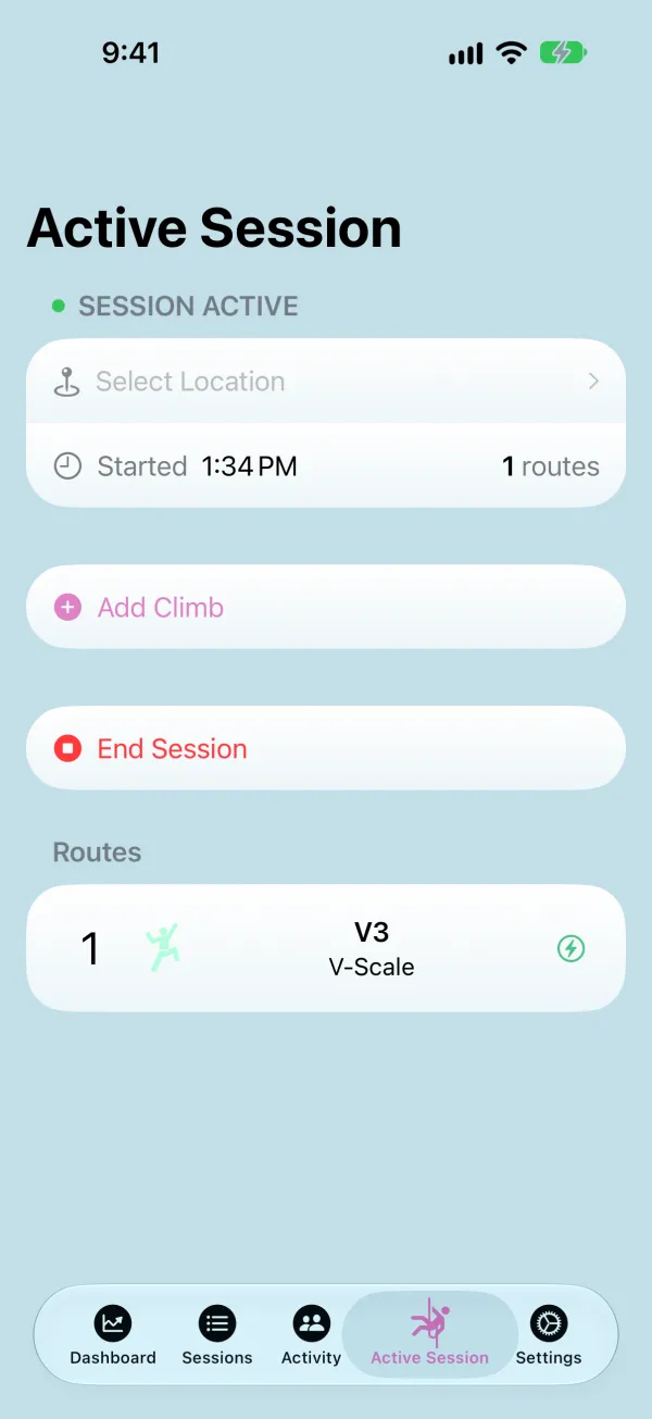 Active Session screen listing the finished climb