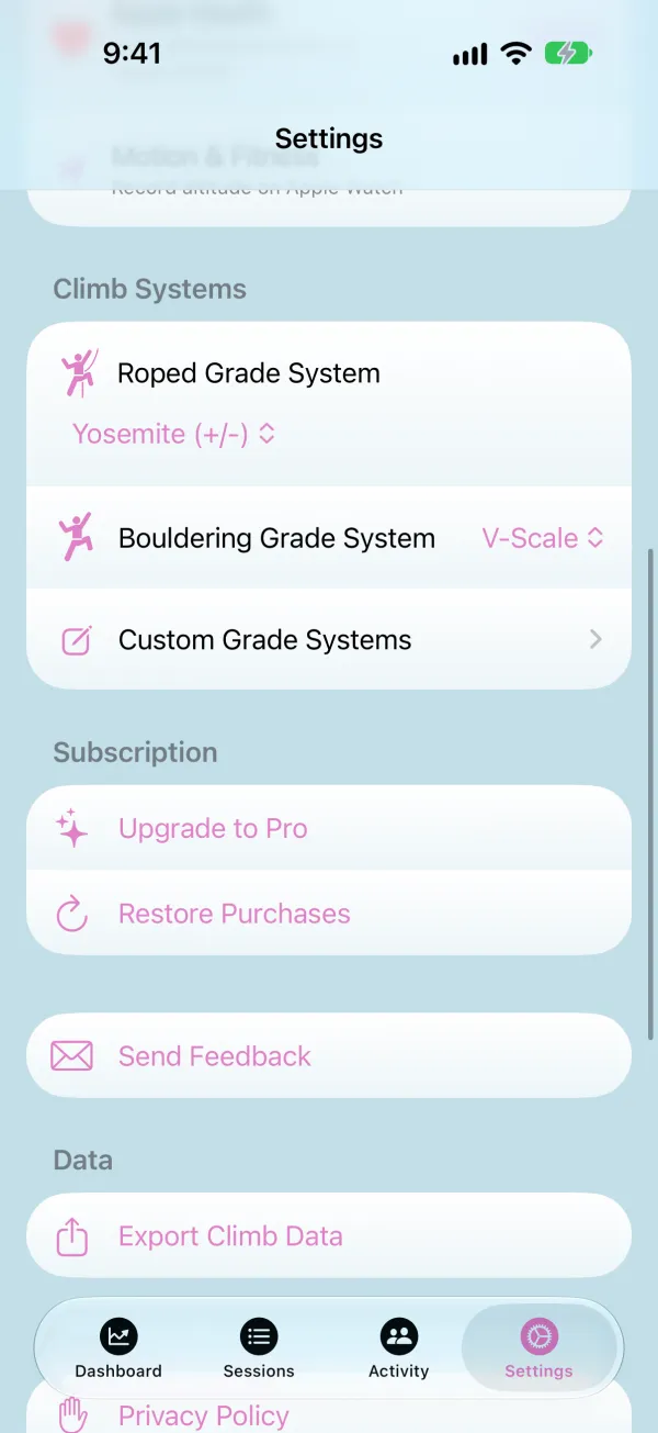 Settings Climb Systems section with roped and bouldering grade system pickers