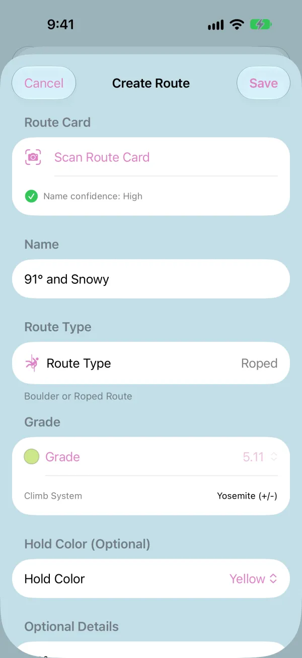 Create Route form filled in from a scanned route card