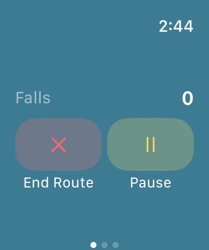 Apple Watch controls with the falls counter, End Route, and Pause