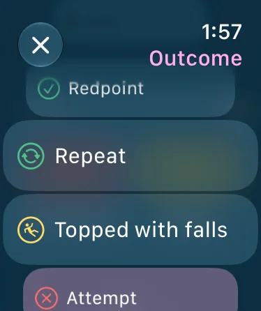 Apple Watch Outcome list scrolled to Repeat, Topped with falls, and Attempt