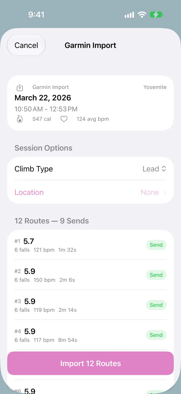 Garmin Import screen with session details and options
