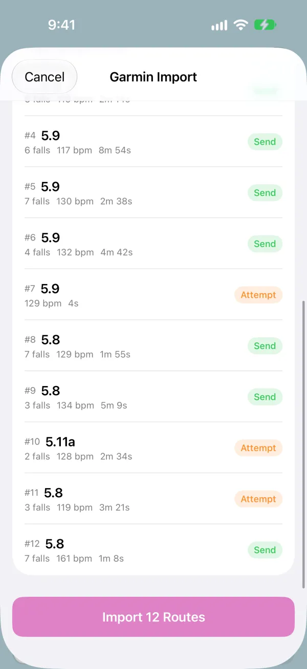Garmin Import route list with the Import button