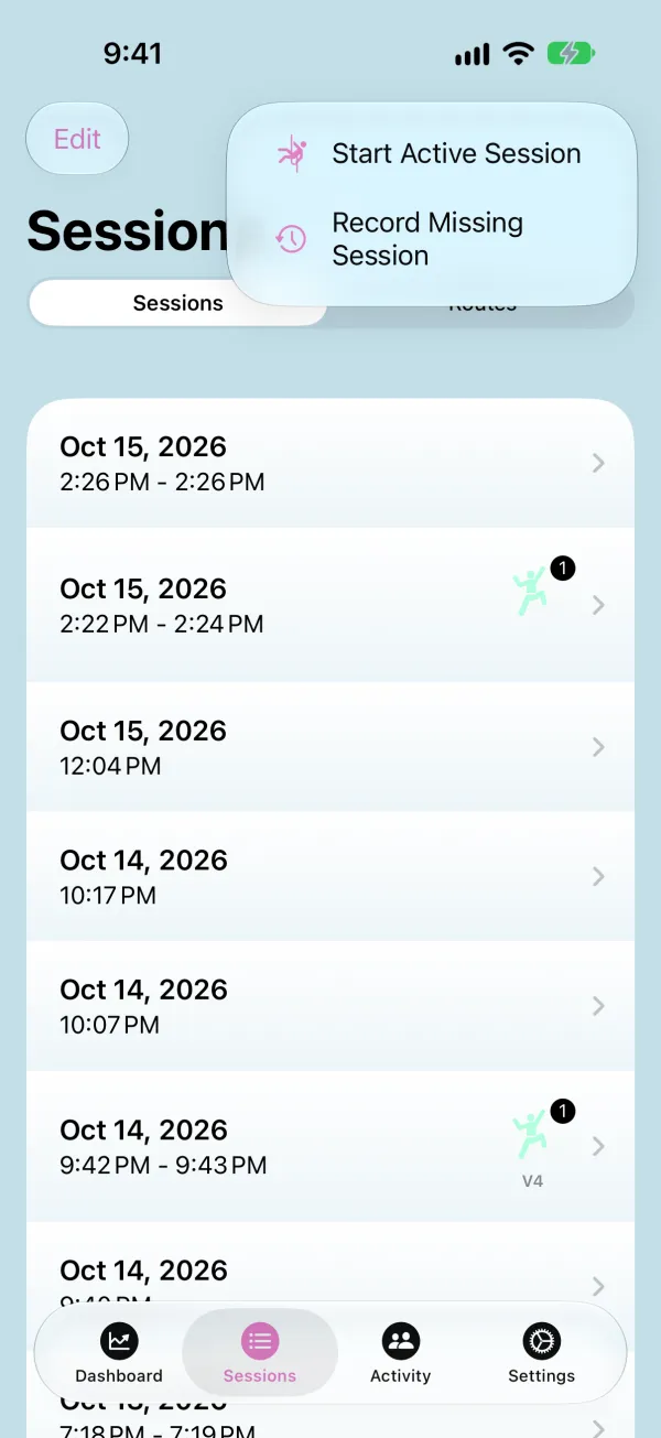 The + menu with Record Missing Session