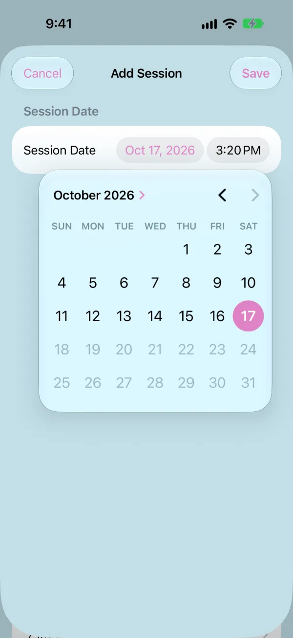 Add Session sheet with the date picker open
