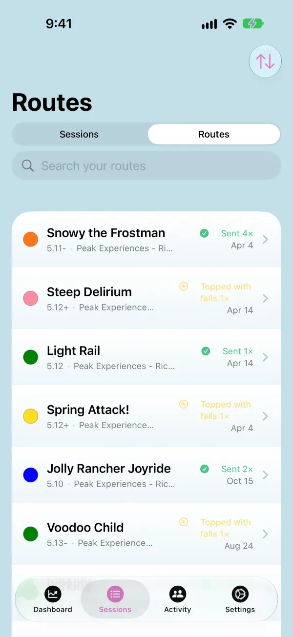 Routes list with send counts