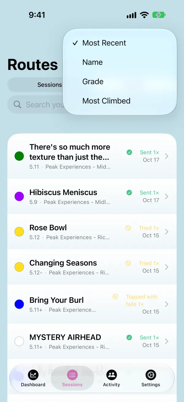 Sort menu with Most Recent, Name, Grade, and Most Climbed