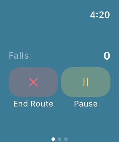 Apple Watch screen with a falls counter and End Route and Pause buttons